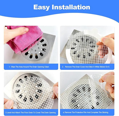 30 Pack Disposable Shower Drain Hair Catcher, Round 4-Ear Glass Fiber Stickers, 3.93In Mesh for Bathroom Tub Kitchen, Hair Trap Sticker to Prevent Clogs