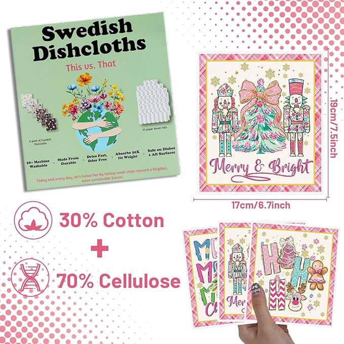 Christmas Swedish Dishcloths for Kitchen - 6PCS Pink Christmas Swedish Cloths for Washing Dishes, Nutcracker Xmas Reusable Dish Towels, Gingerbread Washable Cleaning Sponge Gifts Fast Drying