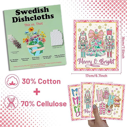 Christmas Swedish Dishcloths for Kitchen - 6PCS Pink Christmas Swedish Cloths for Washing Dishes, Nutcracker Xmas Reusable Dish Towels, Gingerbread Washable Cleaning Sponge Gifts Fast Drying