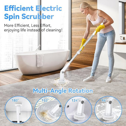 Electric Spin Scrubber, Cordless Cleaning Brush with 8 Replaceable Cleaner Brush, Power Shower Scrubber with Long Handle, Electric Scrubber for Cleaning Floor Bathroom Bathtub Tile
