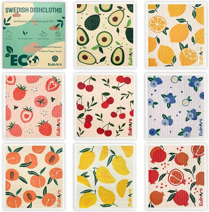 Eulnars 8 Pack Swedish Dishcloths for Kitchen, Fruit Swedish Dishcloths, Reusable Paper Towels Washable, Biodegradable, Non-Scratch Cellulose Sponge Cloths, No Odor