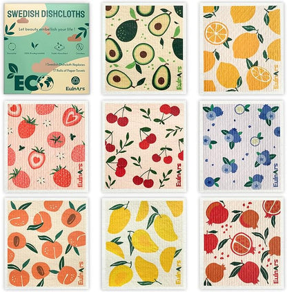 Eulnars 8 Pack Swedish Dishcloths for Kitchen, Fruit Swedish Dishcloths, Reusable Paper Towels Washable, Biodegradable, Non-Scratch Cellulose Sponge Cloths, No Odor