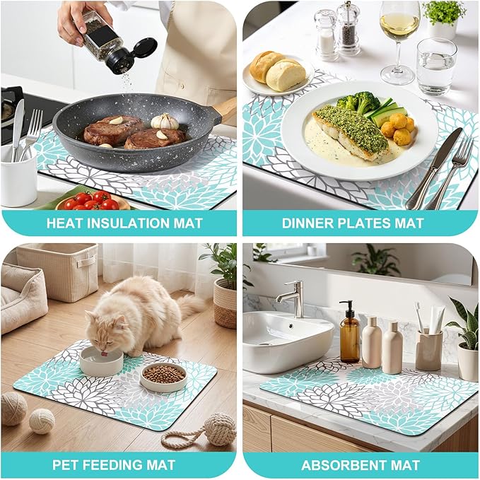 Findosom Dish Drying Mat, 12" x 20" Super Absorbent Dish Mat with Floral, Hide Stain Drying Mat for Kitchen Counter, Under Dish Rack, Coffee Maker, Espresso Machine, Teal