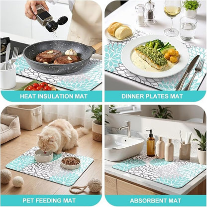 Findosom Dish Drying Mat, 12" x 20" Super Absorbent Dish Mat with Floral, Hide Stain Drying Mat for Kitchen Counter, Under Dish Rack, Coffee Maker, Espresso Machine, Teal