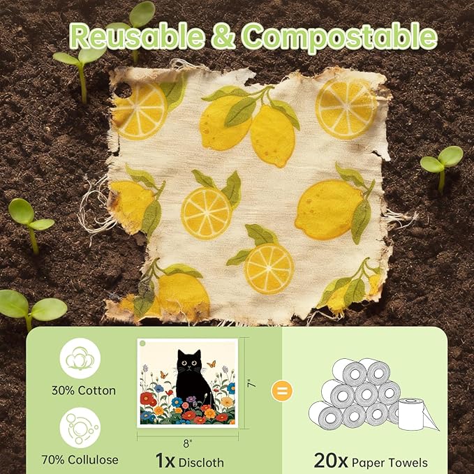 Black Cat Floral Flower Swedish Dishcloths for Kitchen, 5 Pack Reusable Paper Towels with 3 Hooks, Washable Dish Cloth Set, Absorbent Cleaning Cloth for Washing Housewarming Gifts for Friend