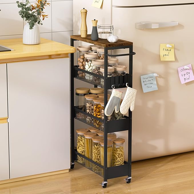 7.1" Wide Slim Rolling Utility Cart, 4 Tier Metal Narrow Storage Cart with Handle and Wood Top, Multifunctional Small Mobile Shelf Unit Organizer Trolley for Laundry, Bathroom, Kitchen
