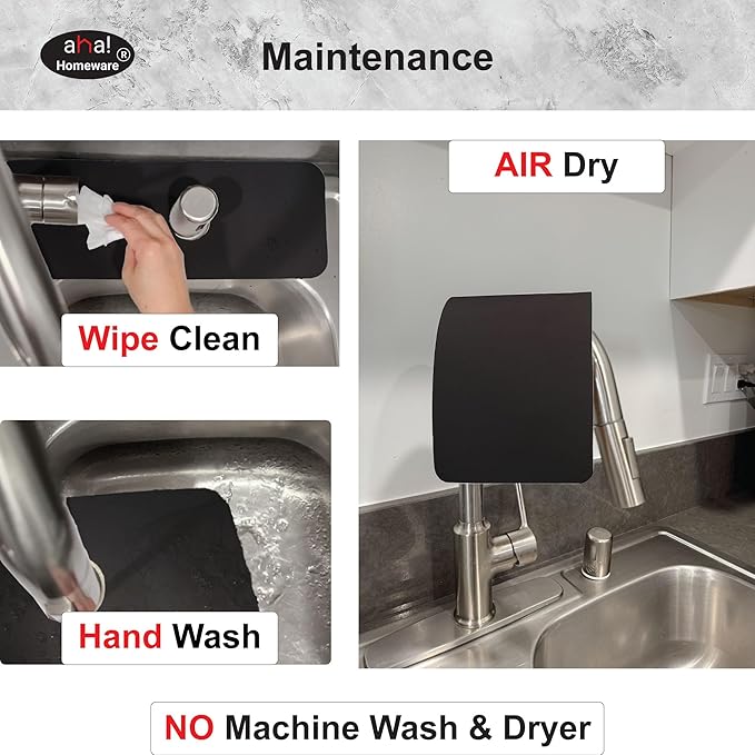 Faucet Mat for Kitchen Sink Offset : AHA HOMEWARE Kitchen Sink Splash Guard for Offset Double Sink, Cuttable Extra Hole for Soap Dispenser, Diatomite Leather Absorbent Fast Drying (Black)