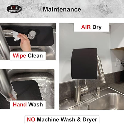 Faucet Mat for Kitchen Sink Offset : AHA HOMEWARE Kitchen Sink Splash Guard for Offset Double Sink, Cuttable Extra Hole for Soap Dispenser, Diatomite Leather Absorbent Fast Drying (Black)
