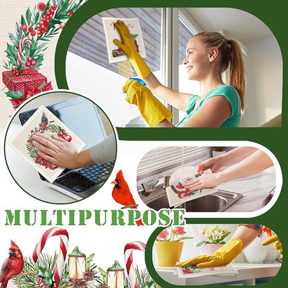 Cunhill 6 Pcs Swedish Kitchen Dish Cloths Kitchen Towels Reusable Sponge Cleaning Cloths Wipes Absorbent Dish Cloth Quick Drying Washable Decorative Tea Towels No Odor Bar Hand Towel (Cardinal Bird)