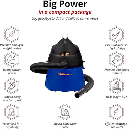 Koblenz Wet Dry Vacuum Cleaner, 3 Gallon 2.0 PHP, Twist-N-Lock Hose, Small Shop Vac, Portable Shop Vac for Home Car Garage Workshop, 10 ft Reach, Accessories Included, Blue/Black, WD-353L