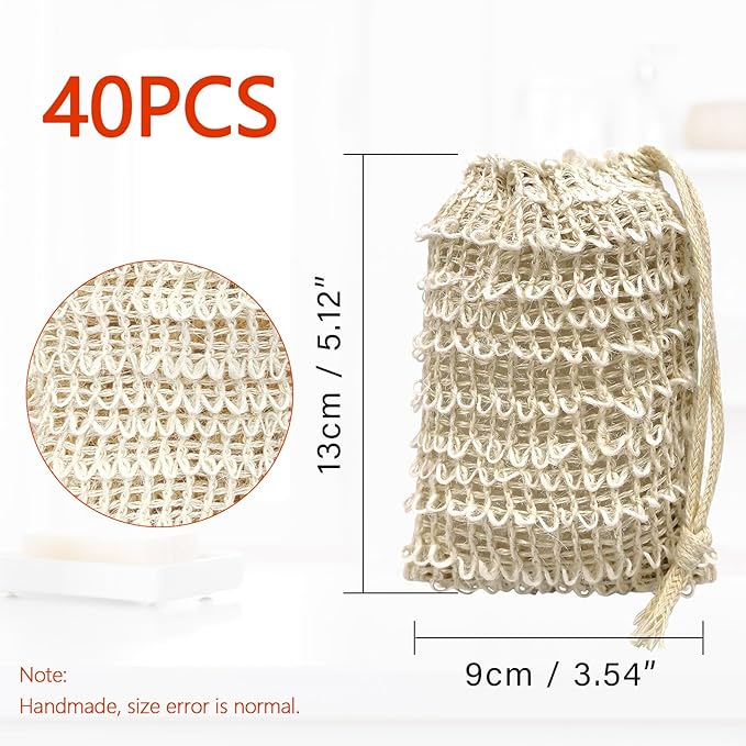 40 Natural Cotton and Linen Soap Bags - Eco-Friendly Reusable Soap Bags for Bath, Shower and Travel, 5.9 x 4.7 Inch, Knot Design