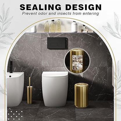 Maxdot 2 Pcs Small Gold Bathroom Trash Can with Flipping Lid and Toilet Brush Set 2.6 Gal/10 L Stainless Steel Garbage Can for Office Living Room Kitchen Bedroom Hotel, Toilet Brush with Holder