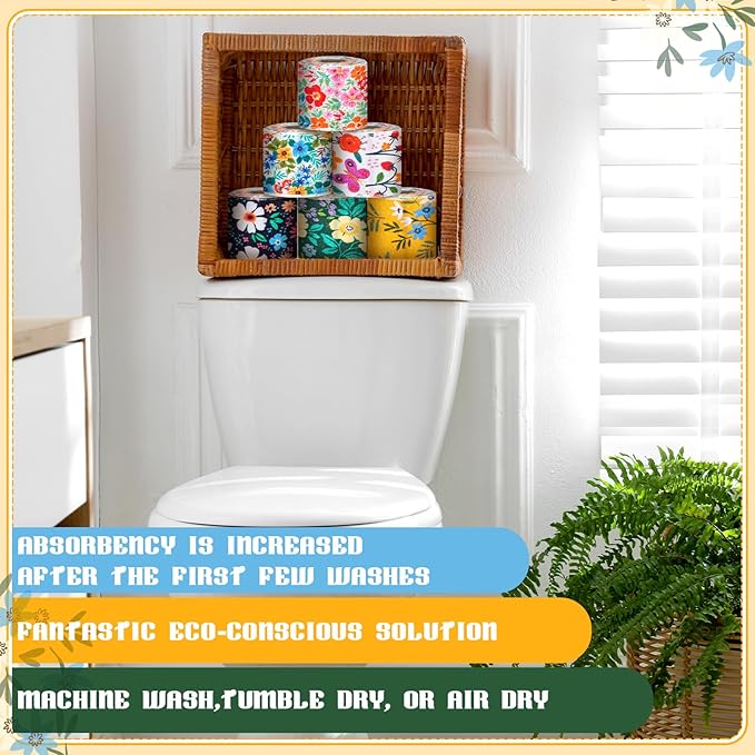 FuWeave 30 Pack Reusable Toilet Paper Washable Soft Bidet Towels Bulk Gifts Paperless Rolls Flannel Cotton 12'' x 4.3" Family Cloth Wipes Bathroom Napkins with Cardboard (Floral)