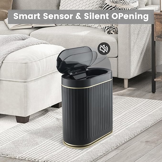 ELPHECO Bathroom Trash Can 2 Gallon Plastic Smart Garbage Can Waterproof Wastebasket Bathroom Decor Narrow Garbage Bin with Automatic lid for Bedroom, Kitchen, Office, Black Gold