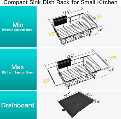JASIWAY Dish Drying Rack in Sink, Expandable Stainless Steel Dish Drainers for Kitchen Counter, Space Saving Dish Dryer Rack with Drainboard, Over The Sink Dish Racks with Utensil Holder, Black