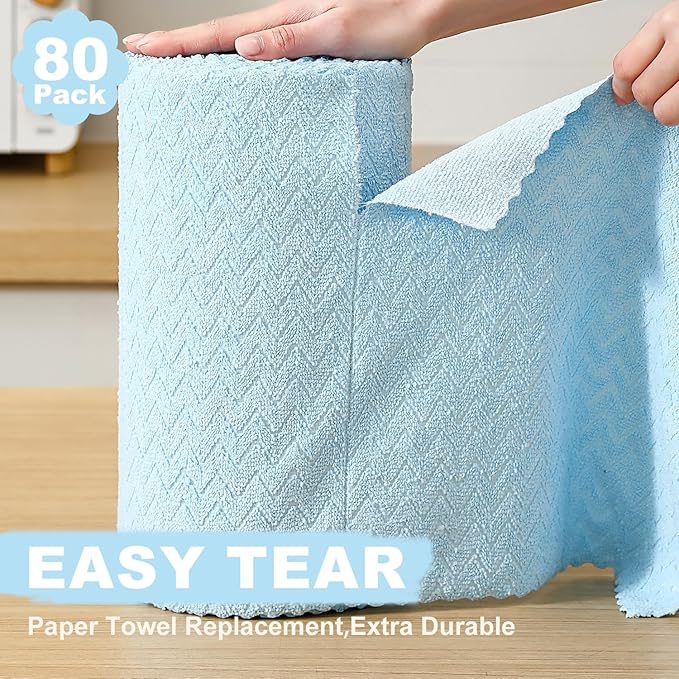 80 Pack Microfiber Cleaning Cloth Roll Reusable Paper Towels 12"x12" Tear Away Cloth,Absorbent Dish Rags for House Kitchen,Wash Cloths,Lint Free Rags for Window Cars Cleaning Supplies
