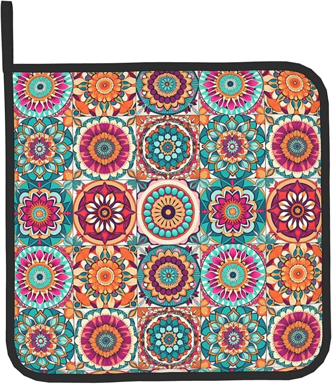 Boho Oven Mitts and Pot Holders - Mexican Flower Kitchen Mitt Sets of 2 Bohemian Oven Gloves Hot Pads for Cooking Baking Grilling