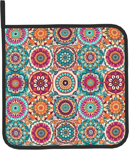 Boho Oven Mitts and Pot Holders - Mexican Flower Kitchen Mitt Sets of 2 Bohemian Oven Gloves Hot Pads for Cooking Baking Grilling