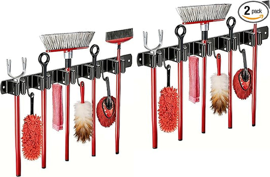 2 Packs 5 Racks and 4 Hooks Mop and Broom Holder Wall Mount, SUS304 Heavy Duty Broom Organizer Storage Tool Racks, Self Adhesive Solid Non-slip Tool Hangers for Home Kitchen Garden Laundry Garage