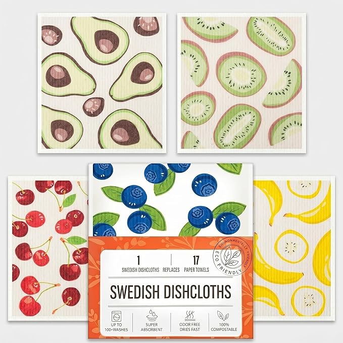 Kitchen Towels Swedish Dishcloths - 6 Count Reusable Paper Towels, Ultra Absorbent Odor Free Eco Friendly Biodegradable Cleaning Rags, (Fruit)