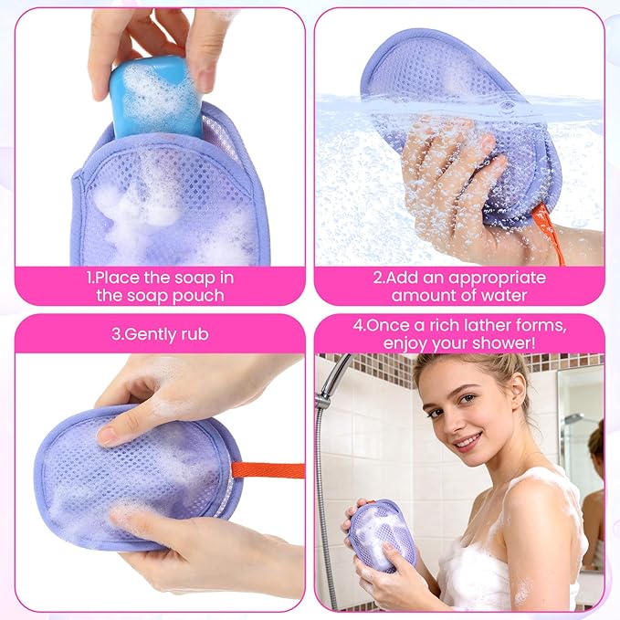4 Pcs Mesh Soap Bag, Exfoliating Soap Pouch, Soaps Loofah Pouch for Women and Men, Bar Soaps Scrubber Pouches for Shower Bathing Accessories (Gray, Purple, Orange, Coffee)
