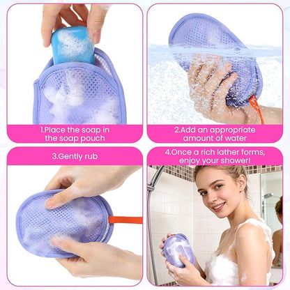 4 Pcs Mesh Soap Bag, Exfoliating Soap Pouch, Soaps Loofah Pouch for Women and Men, Bar Soaps Scrubber Pouches for Shower Bathing Accessories (Gray, Purple, Orange, Coffee)