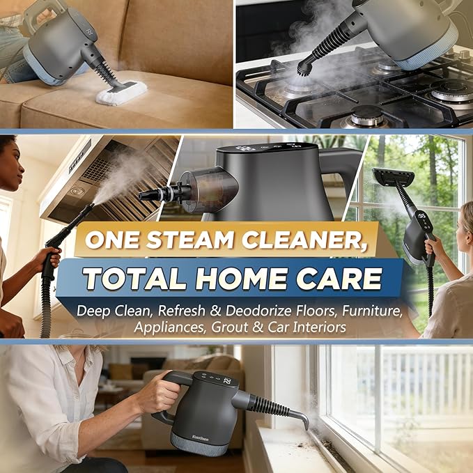 Handheld Steam Cleaner, 3S Fast Heating Pressurized Steamer with Smart Touchscreen, 1350W Portable Steam Cleaner for Home Grout Tile Grease Kitchen Bathroom Car Detailing, Continuous Refill
