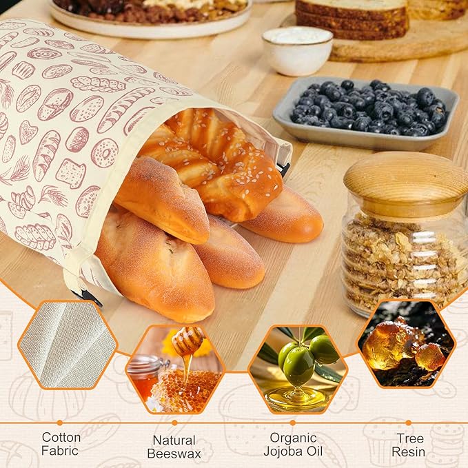 2 PACK Beeswax Sourdough Bread Bags for Homemade Bread, Reusable Cotton Beeswax Bread Bag Portable Waxed Storage All Natural Bees Wax Linen Bag Keep Fresh,13''×17'', 02