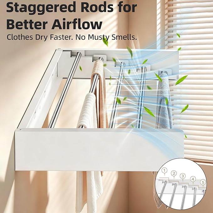 Wall Mounted Clothing Drying Rack 32“ Folds to 1.2” Ultra-Thin Space Saving Clothes Laundry Rack Holds 50 lbs Rust-Resistant Collapsible Space Aluminum for Apartment, RV, Laundry Room, White