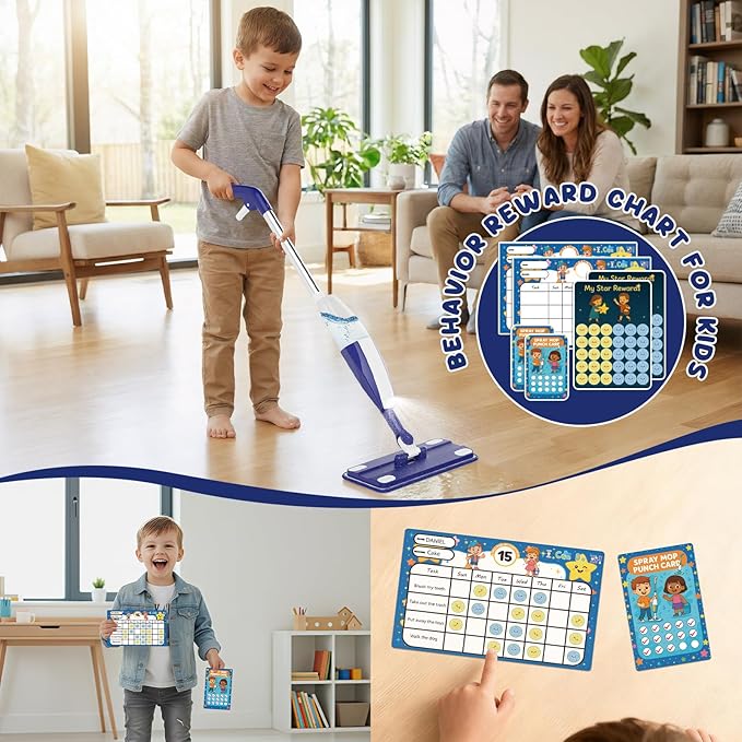 Dry Sweeping Cloths & Behavior Reward Chart, Includes 20 Disposable Mop Pads 60 Stickers 4 Cards, Build Responsibility, for Cleaning Hardwood Floor Dust and Pet Hair