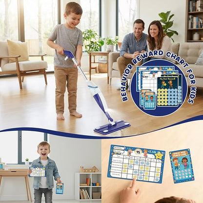Dry Sweeping Cloths & Behavior Reward Chart, Includes 20 Disposable Mop Pads 60 Stickers 4 Cards, Build Responsibility, for Cleaning Hardwood Floor Dust and Pet Hair
