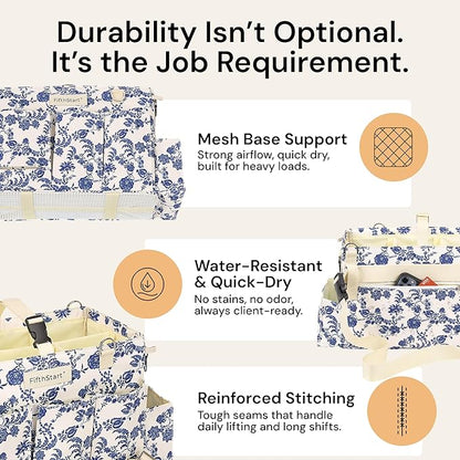 Multiuse Large Blue Floral Diaper Caddy with Waist, Shoulder Strap, 9 Pockets, Mesh Base, and Adjustable Compartments
