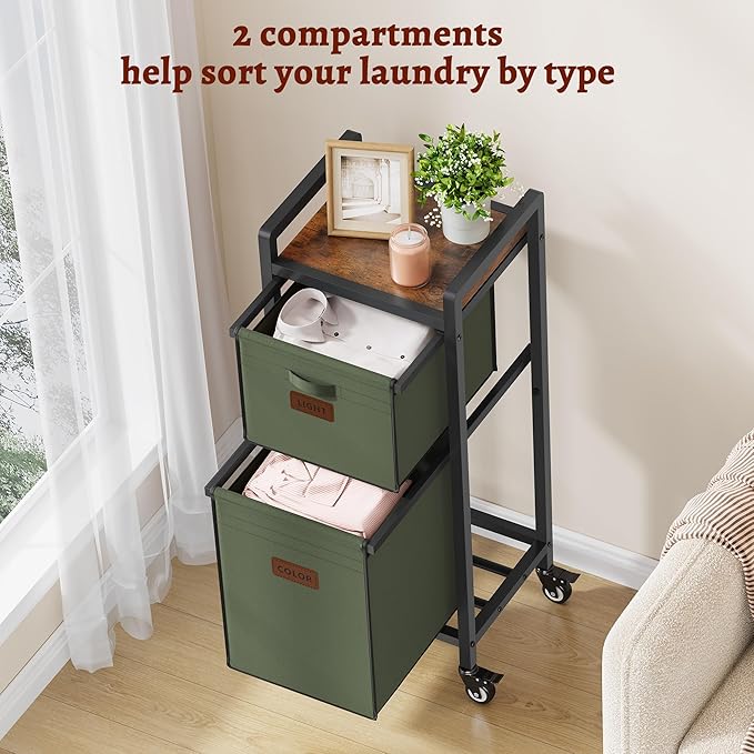 FAVOOSTY Laundry Hamper with Shelf, 70L Laundry Basket Organizer, 2 Section Laundry Sorter for Laundry Room Organization (Green)