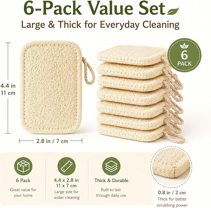 Natural Loofah Dish Scrubber Sponges, 6 Pack Large Plant-Based Kitchen Cleaning Pads, Compostable Non-Scratch Scouring Sponge for Dishes, Sink, Grout and Tile, 4.4 x 2.8 in