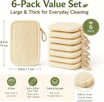 Natural Loofah Dish Scrubber Sponges, 6 Pack Large Plant-Based Kitchen Cleaning Pads, Compostable Non-Scratch Scouring Sponge for Dishes, Sink, Grout and Tile, 4.4 x 2.8 in
