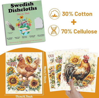 Swedish Dishcloths for Kitchen, 6 Pack Farm Reusable Paper Towels Housewarming Gifts for Women, Chicken Rooster Absorbent Dish Rags for Washing Dishes