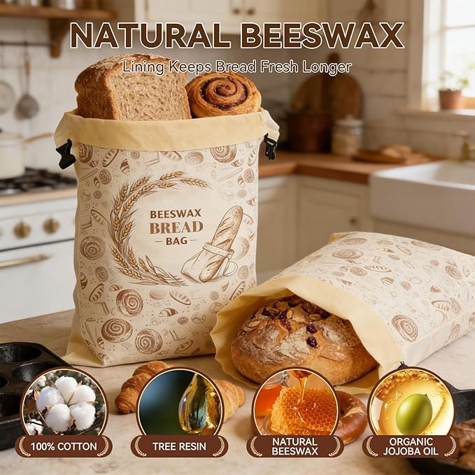 2 Pack Reusable Beeswax Bread Bags for Sourdough Homemade Bread, 17x13-Inch Cotton Storage Bags with Lock Closure, Fresh-Keeping for Fridge, Freezer & Daily Use(2 pack bread bag and 1 wraps)