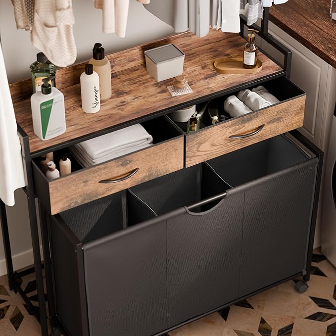 Mondeer Laundry Sorter with 2 Drawers and Hanging Rack, 150L Laundry Hamper with 3 Compartments Pull-Out Rolling Bag, Laundry Basket Organizer for Bathroom, Rustic Brown and Black