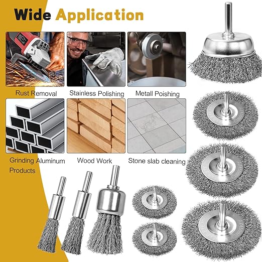 9 Pcs Wire Brush for Drill Set,Steel Wool Wire Wheel Drill Attachment for Metal Rust Removal, Corrosion and Scrub Surfaces with 1/4-Inch Round Shank