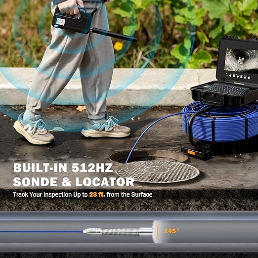ZELCAN 10.1" Self-Leveling Sewer Camera with 512Hz Locator,Sewer Inspection Camera with 300 ft. Cable & Digital Length Counter, Rechargeable Drain Pipe Camera with Keyboard Wheels 12 LED Lights