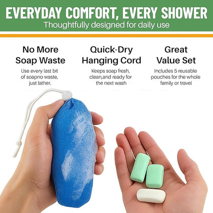 Evelots Exfoliating Mesh Loofah Soap Pouches - 5 Pack - Bath, Shower Body Facial Cleaning Scrubbers - Removes Dead Skin - Hanging Cord - Extend The Life of Your Soap Bars
