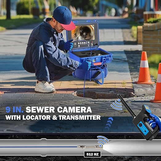 ZELCAN Self-Leveling Sewer Camera with Locator, Drain Camera 165FT with 9 in. LCD Screen, Waterproof IP68 Borescope Plumbing with 12 LED Lights, with 512Hz Transmitter and Receiver(32GB Card)
