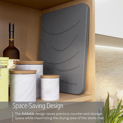 LARGE | PREMIUM | Stone Dish Mat + Bamboo Rack | 24” x 16” | Foldable (Dark Gray)