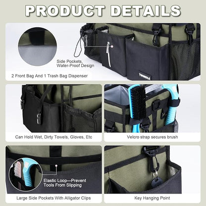 Large Cleaning Caddy Bag with Built-In Support Board, Cleaning Tote Organizer with Removable Divider, Supply Carryall with Adjustable Shoulder Strap and Waist Belt for Cleaners & Housekeeper