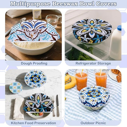 5-Size Reusable Beeswax Bowl Covers for Bread Proofing, Cotton Cloth Flexible Beeswax Wraps for Food Storage(Moroccan Style)