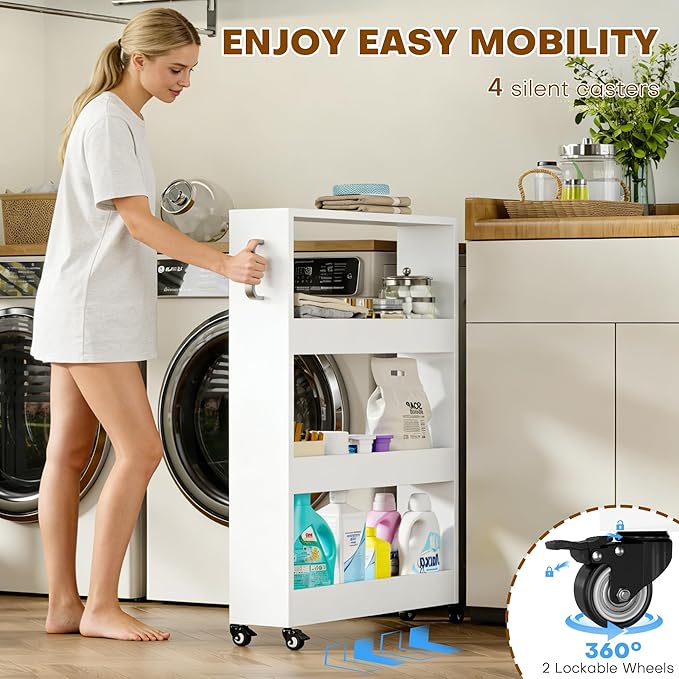Slim Storage Cart, Lightweight 4 Tier Metal Rolling Utility Kitchen Cart on Wheels, Mobile Storage Shelving Unit Organizer for Bathroom Laundry Office Narrow Places (4 Tier-White, 6" D)