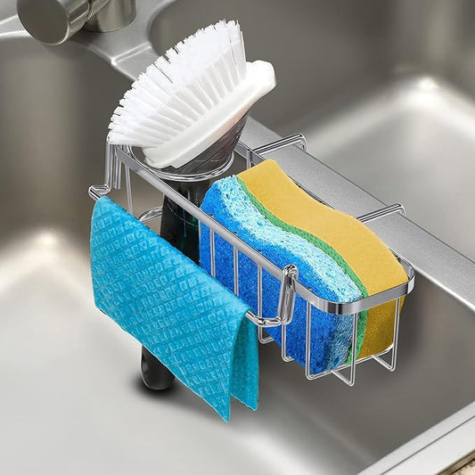 KESOL 3-in-1 Sponge Holder for Kitchen Sink, Hanging Caddy for Double Bowl Sinks, Stainless Steel Sponge with Dishcloth Holder, Brush & Soap Rack, Kitchen Sink Accessories, Silver