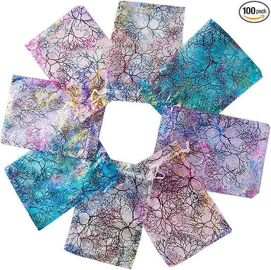 100pcs 5x7 inches Gift Wrap Bags Mixed Color Coralline, Organza Sheer Satin Ribbon Fabric, Drawstring Pouches for Baby Shower Favor, Party Wedding Favors Decoration, Candy, Christmas Ornament,Beach