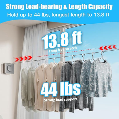 Retractable Clothesline Indoor - Non-Sagging Retractable Clothesline Outdoor - Retracting 13.8 Ft Heavy Duty Drying Clothes Line - Wall Mounted Stainless Steel Laundry Line (Gray, Square)