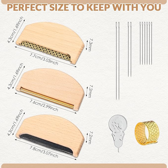 LemonRoad 3 Pcs Wooden Lint Comb Cashmere Comb 3 Styles Manual Fabric Shaver with Sewing Needles Complete Garment Repair kit for Different Fabrics Sweater Care